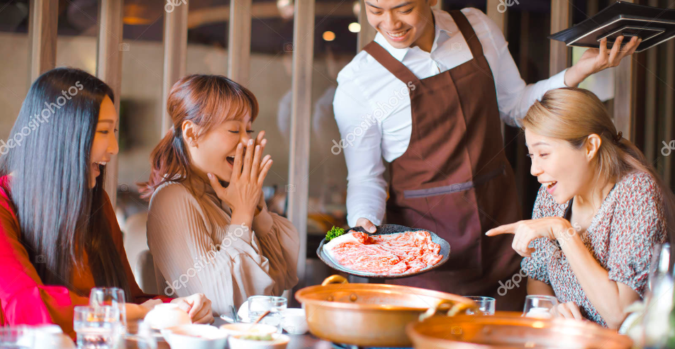 Depositphotos 308833006 Stock Photo Happy Waiter Bring Beef Slices